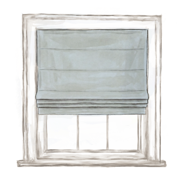 Lucie Clay roman shade in soft gray fabric with knife pleat design, custom made-to-order window treatment option.