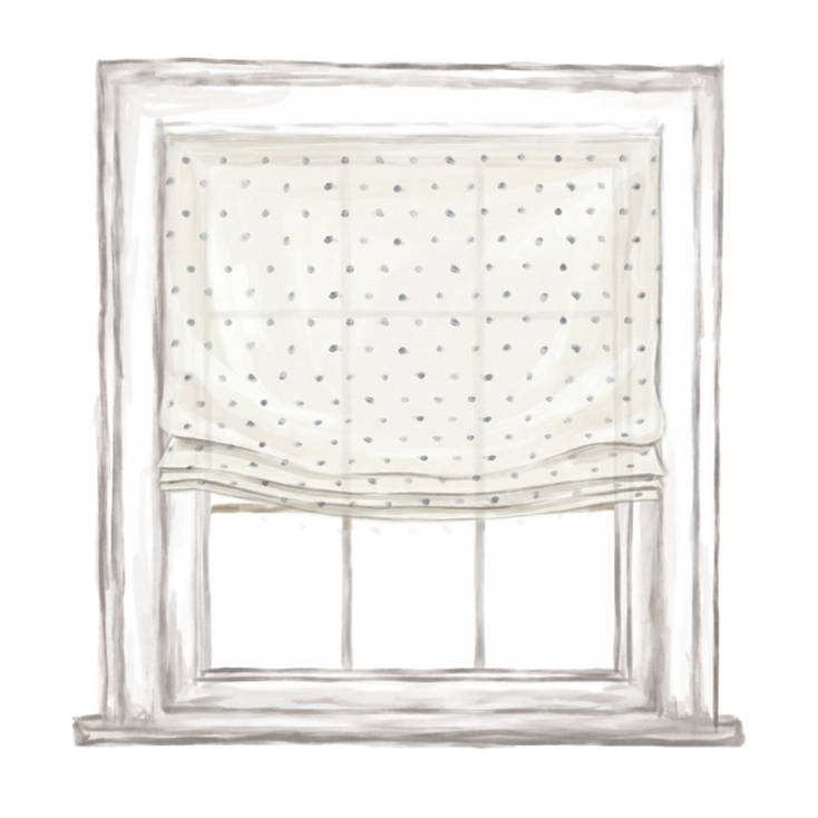 Lucie Clay custom Roman shade in light fabric with subtle gray polka dots, made-to-order quality window treatment.