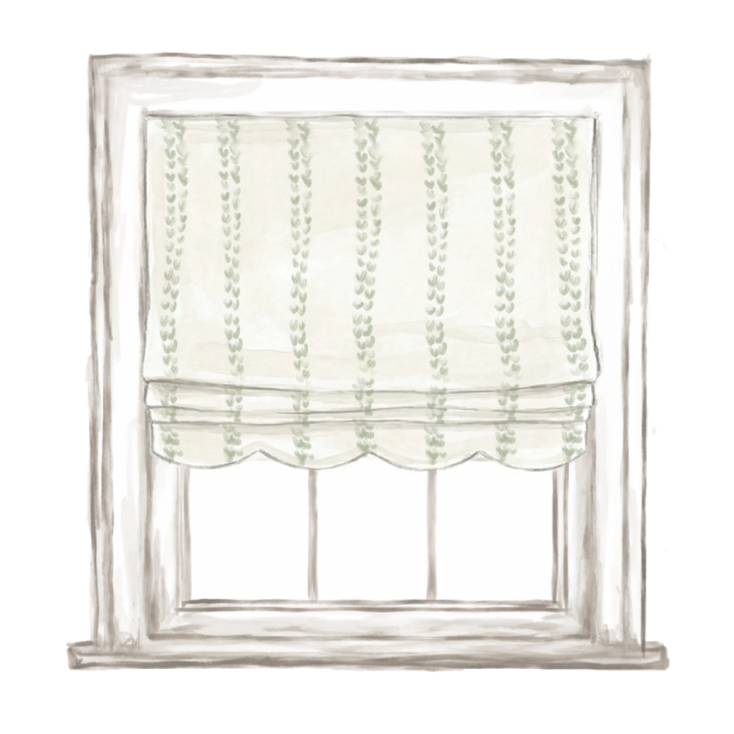 Lucie Clay custom Roman shade with scalloped hem and vertical green leaf pattern, made-to-order designer window treatment.