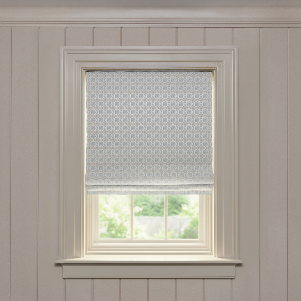 Hayes Sea Salt Flat custom Roman shade in soft sea salt fabric with subtle circular embroidery, made-to-order design