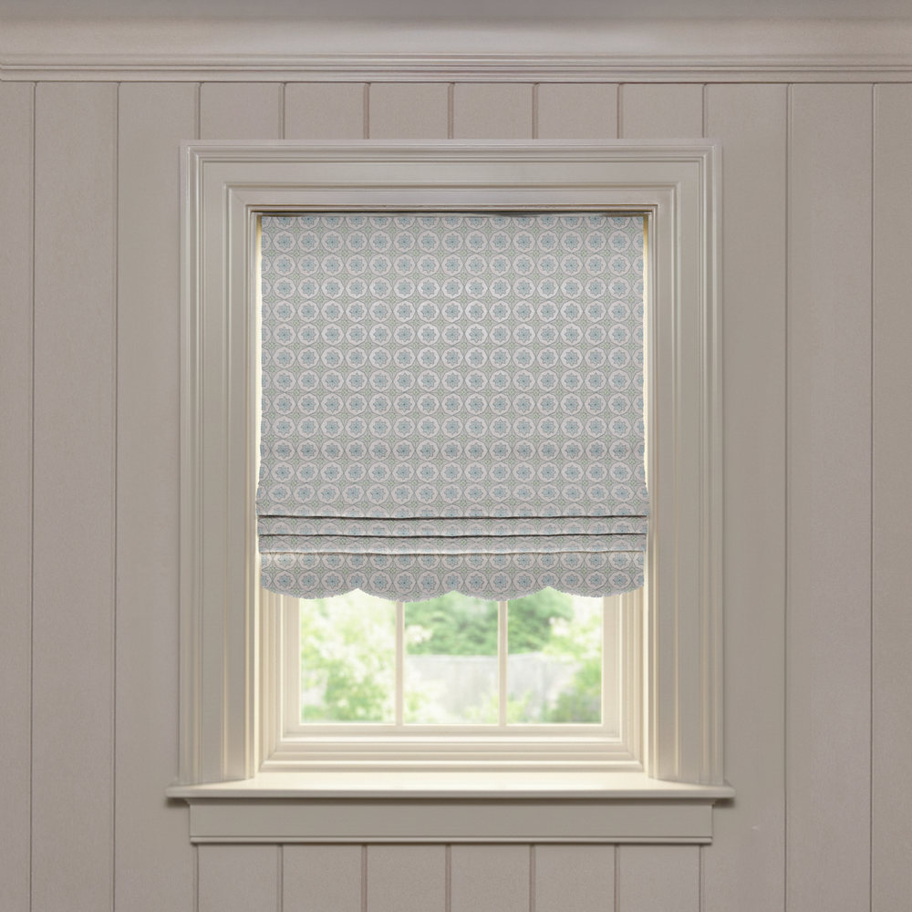 Hayes Sea Salt Scalloped custom Roman shade with embroidered circular pattern, made-to-order designer window treatment