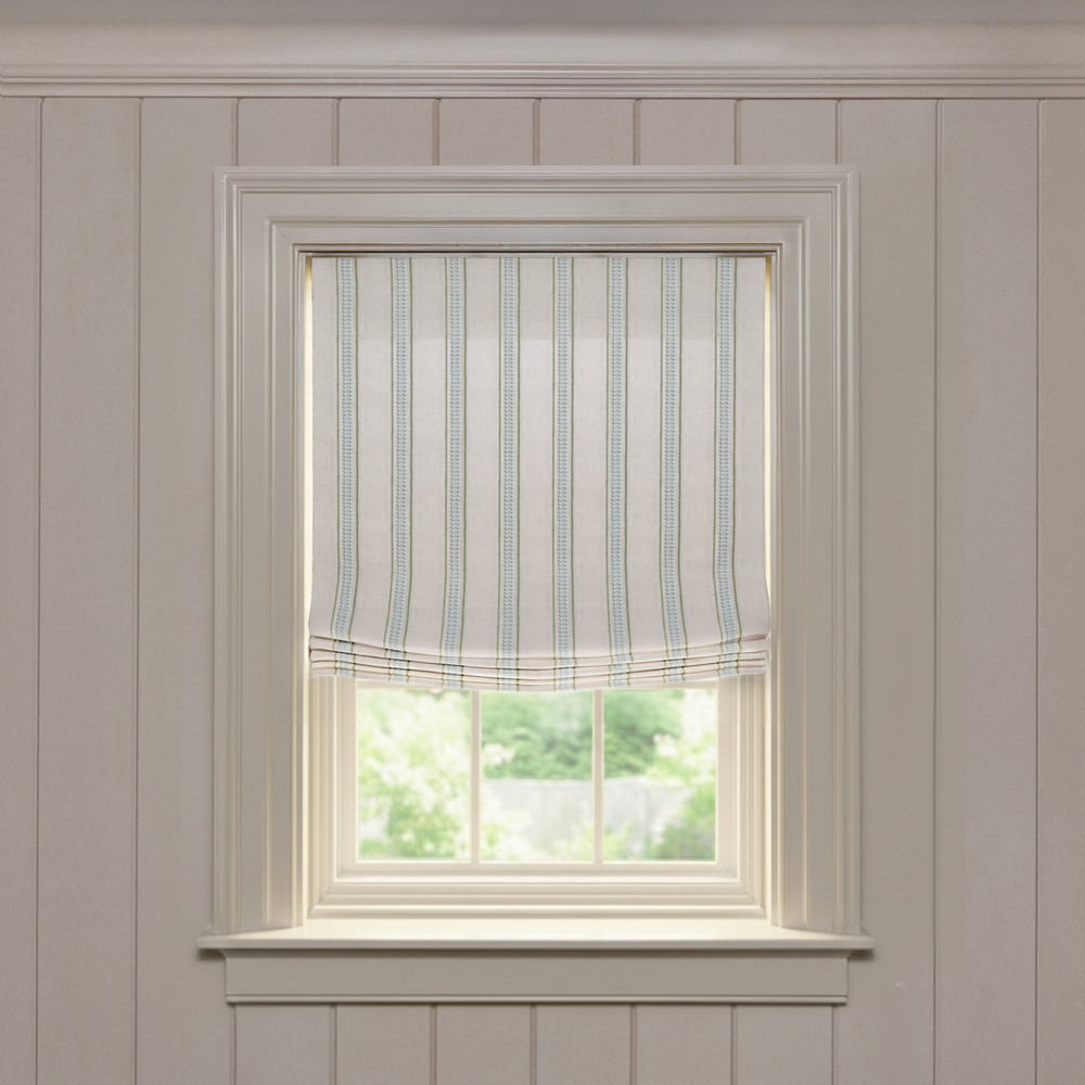 Margot Fern Relaxed custom Roman shade in soft fabric with vertical green and blue stripes, made-to-order design
