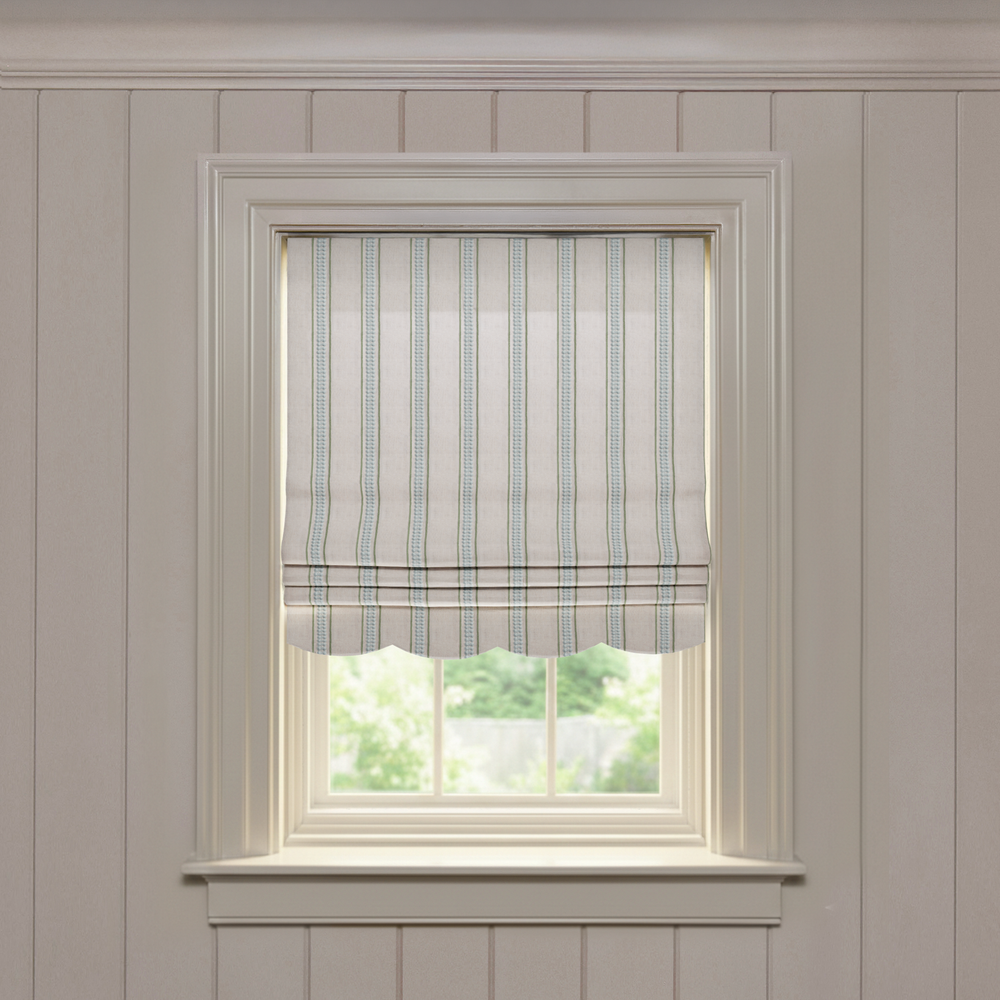 Margot Fern Scalloped custom Roman shade in soft fabric with subtle green vertical fern stripes, made-to-order design