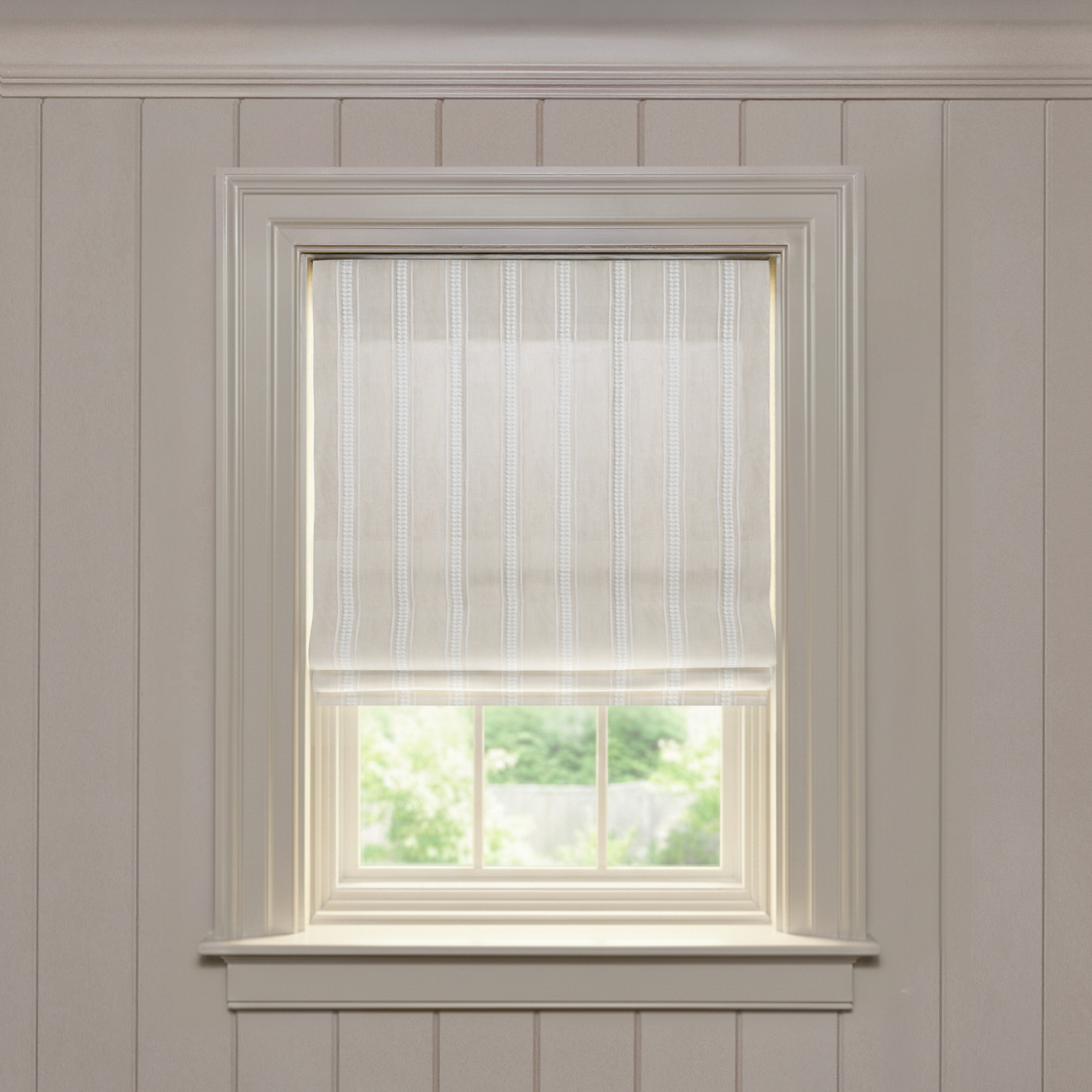 Margot Flour Flat made-to-order Roman shade in soft fabric with delicate vertical embroidered stripes, customizable design