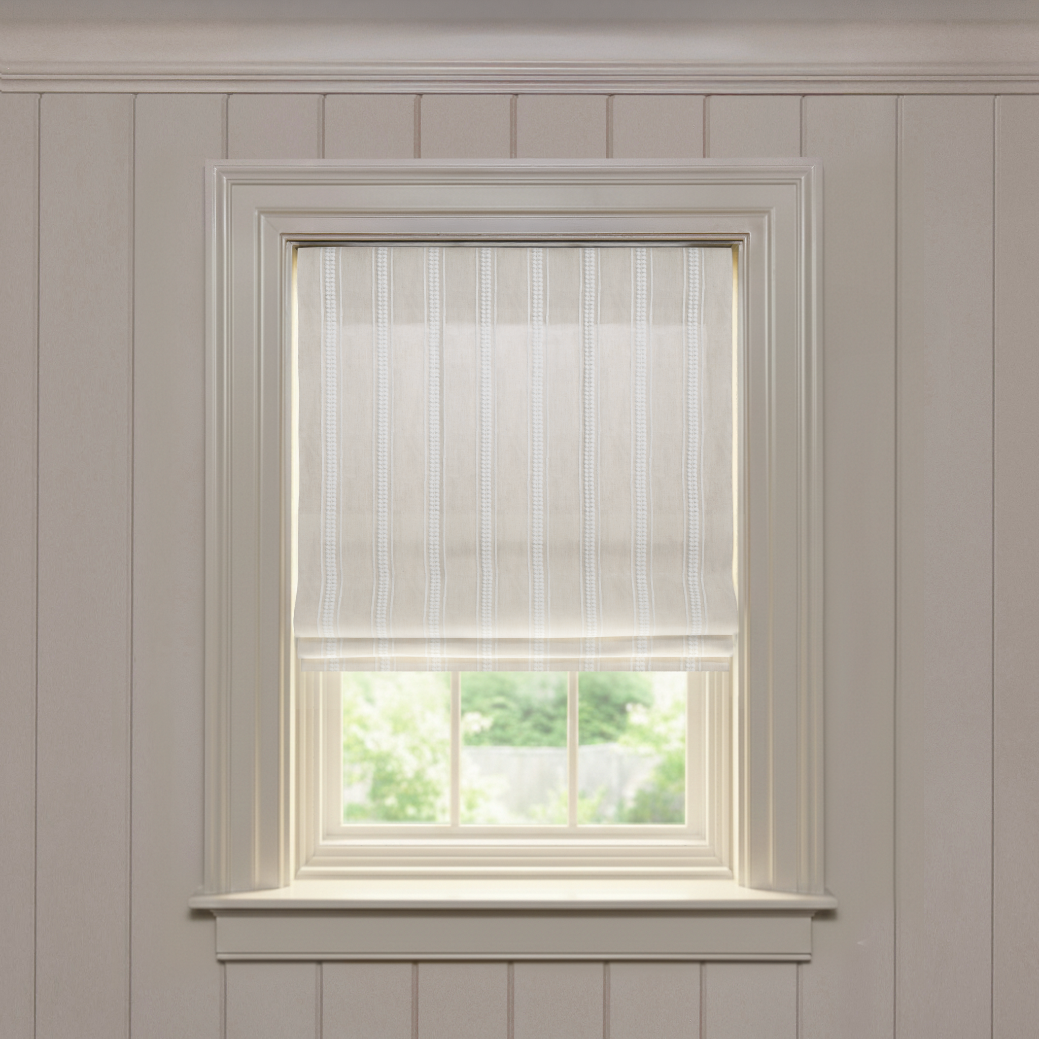 Margot Flour Flat made-to-order Roman shade in soft fabric with delicate vertical embroidered stripes, customizable design