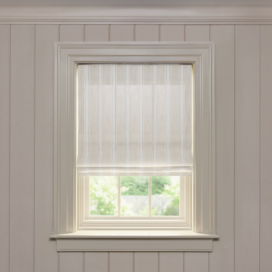Margot Flour Flat made-to-order Roman shade in soft fabric with delicate vertical embroidered stripes, customizable design
