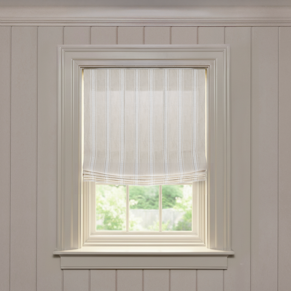 Margot Flour Relaxed made-to-order Roman shade in soft fabric with subtle vertical embroidered stripes, customizable design
