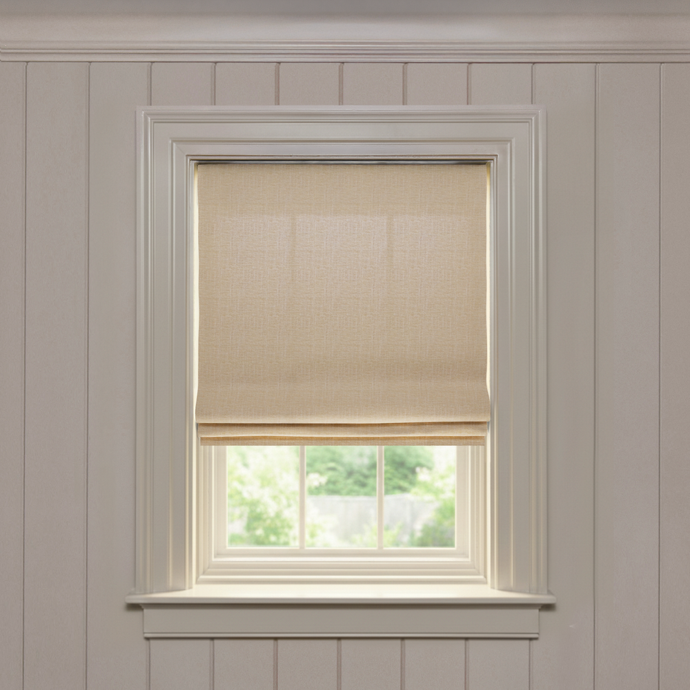 Camel Flat roman shade in soft camel performance woven fabric, made-to-order, quick delivery, crafted in the USA quality design