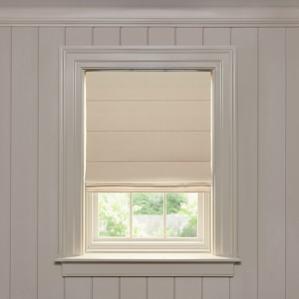 Camel Knife Pleat made-to-order roman shade in neutral fabric, quick delivery, manufactured in the USA with quality design