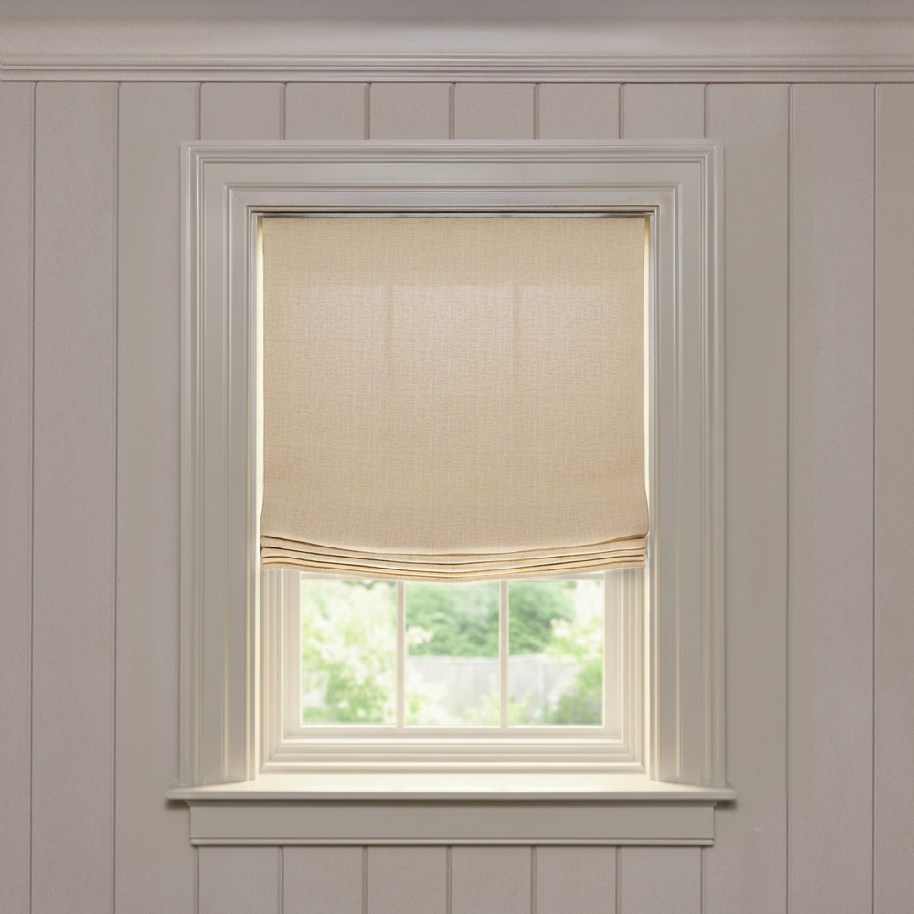 Camel Relaxed roman shade in performance woven fabric, made-to-order with short lead times, crafted in the USA quality design