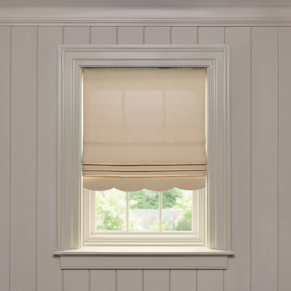 Camel Scalloped roman shade in performance woven fabric, made-to-order, quick delivery, manufactured in the USA quality design