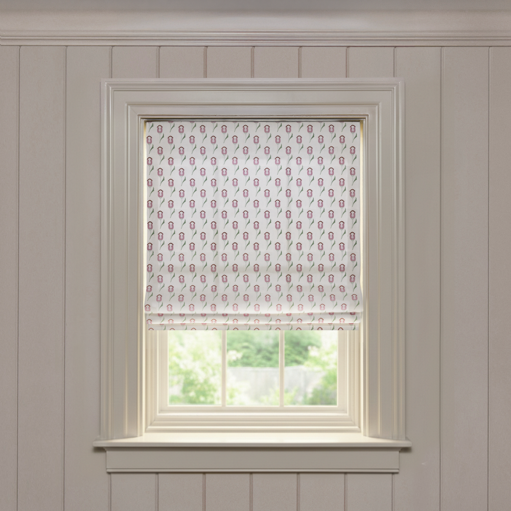 Annabelle Orchid Flat made-to-order Roman shade featuring a delicate orchid print on soft white fabric
