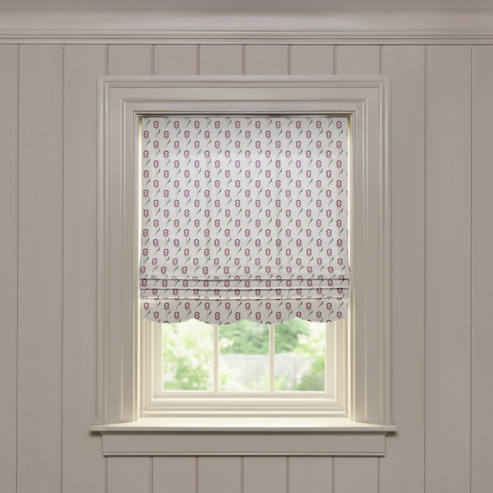Annabelle Orchid Scalloped custom Roman shade with delicate orchid pattern on soft white fabric, made-to-order quality design