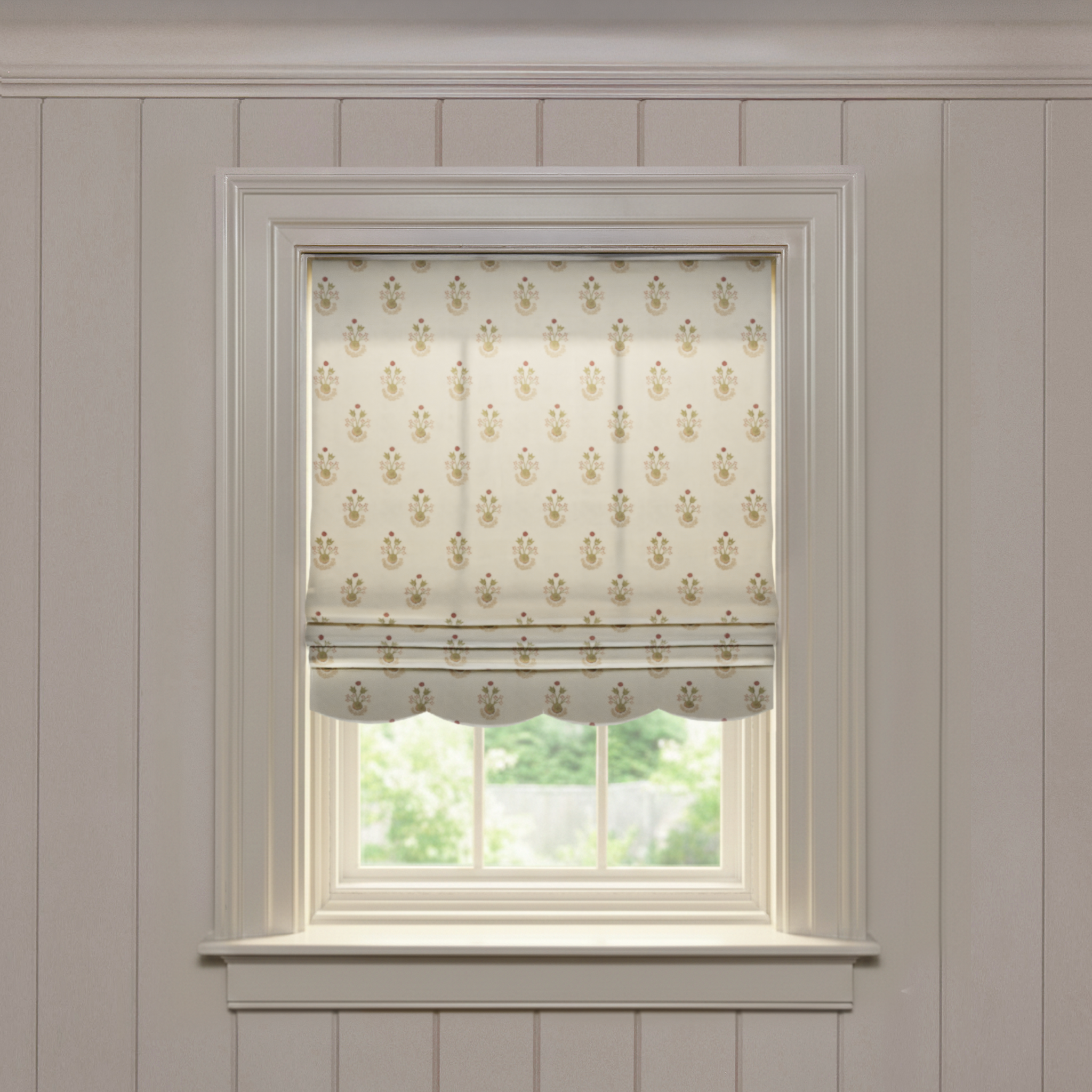 Lucie Clay roman shade with scalloped edge in printed cotton, custom made-to-order with short lead times, manufactured in the USA.
