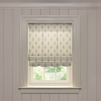 Lucie Clay roman shade with scalloped edge in printed cotton, custom made-to-order with short lead times, manufactured in the USA.