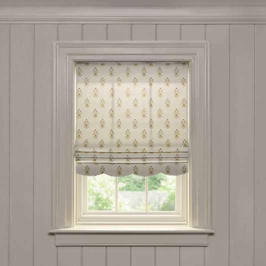 Lucie Clay roman shade with scalloped edge in printed cotton, custom made-to-order with short lead times, manufactured in the USA.