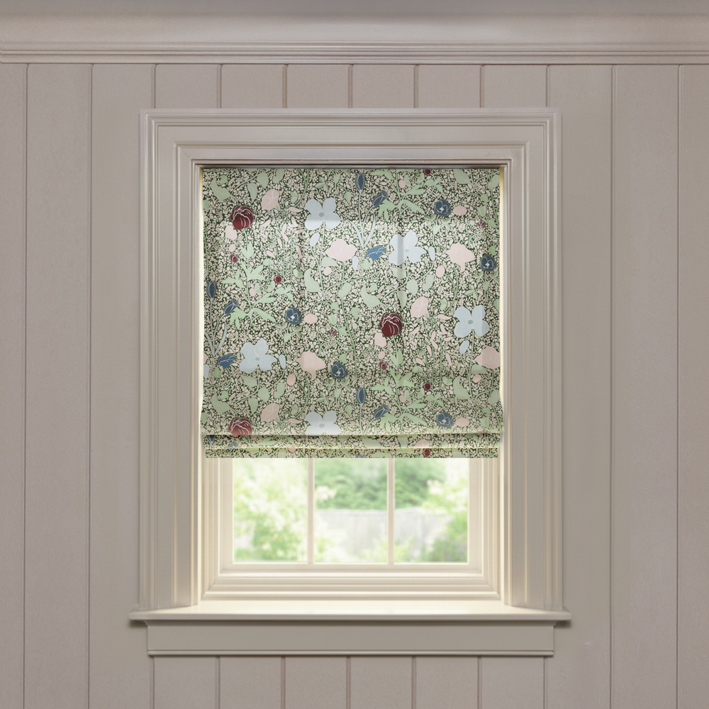 Matilda Flat made-to-order Roman shade in muted floral print with soft green and pink tones for custom window decor