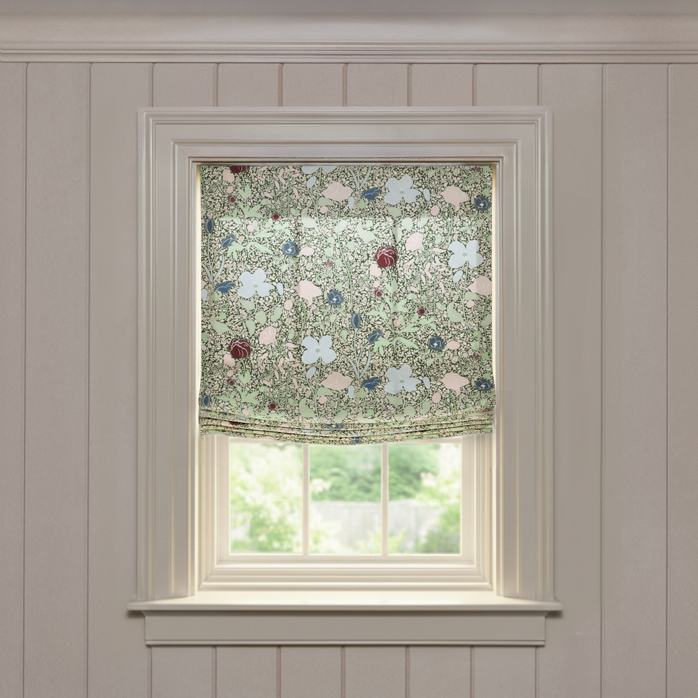 Matilda Relaxed custom Roman shade in soft green floral print with subtle red and blue accents, made-to-order quality design