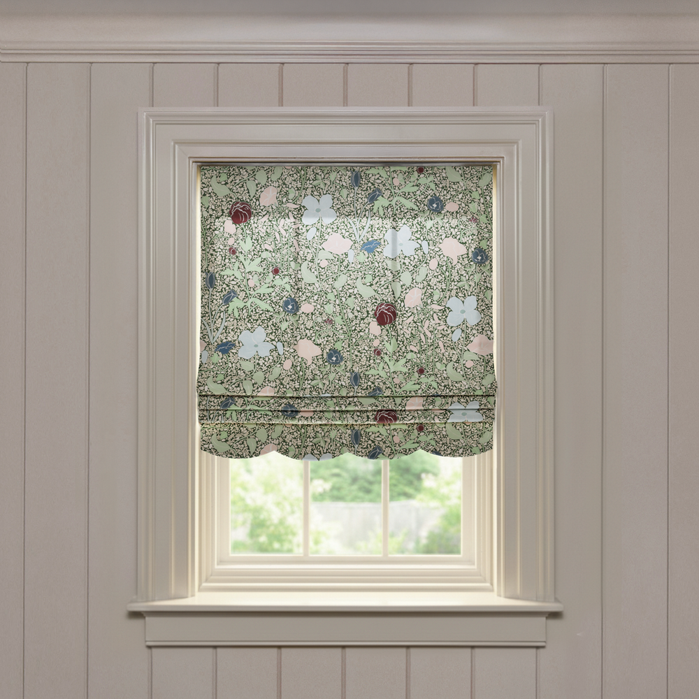 Matilda Scalloped custom Roman shade in green floral cotton fabric with scalloped edge, quality made-to-order design