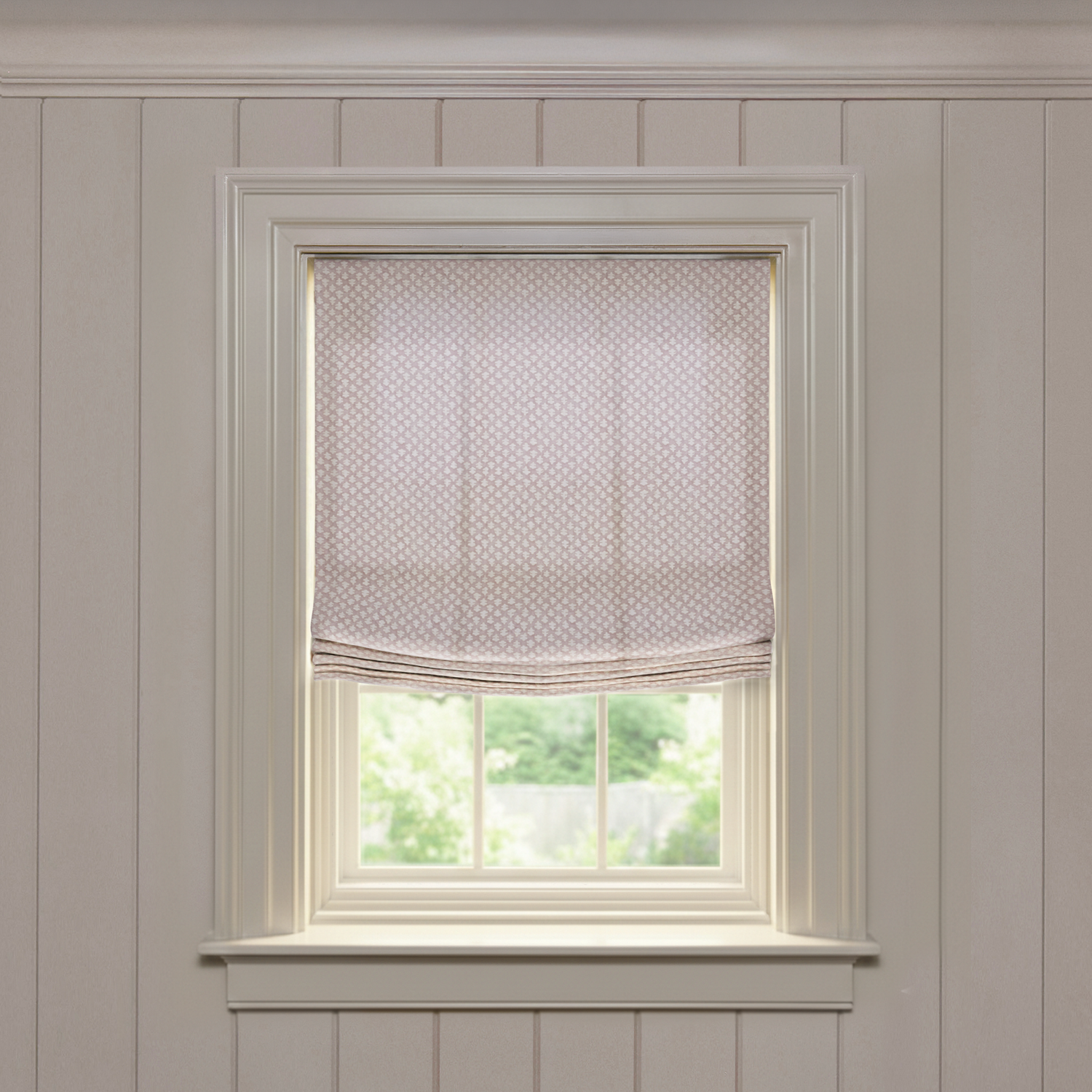 Quinn Mushroom Relaxed roman shade in soft beige with a subtle repeating geometric print, custom made-to-order design