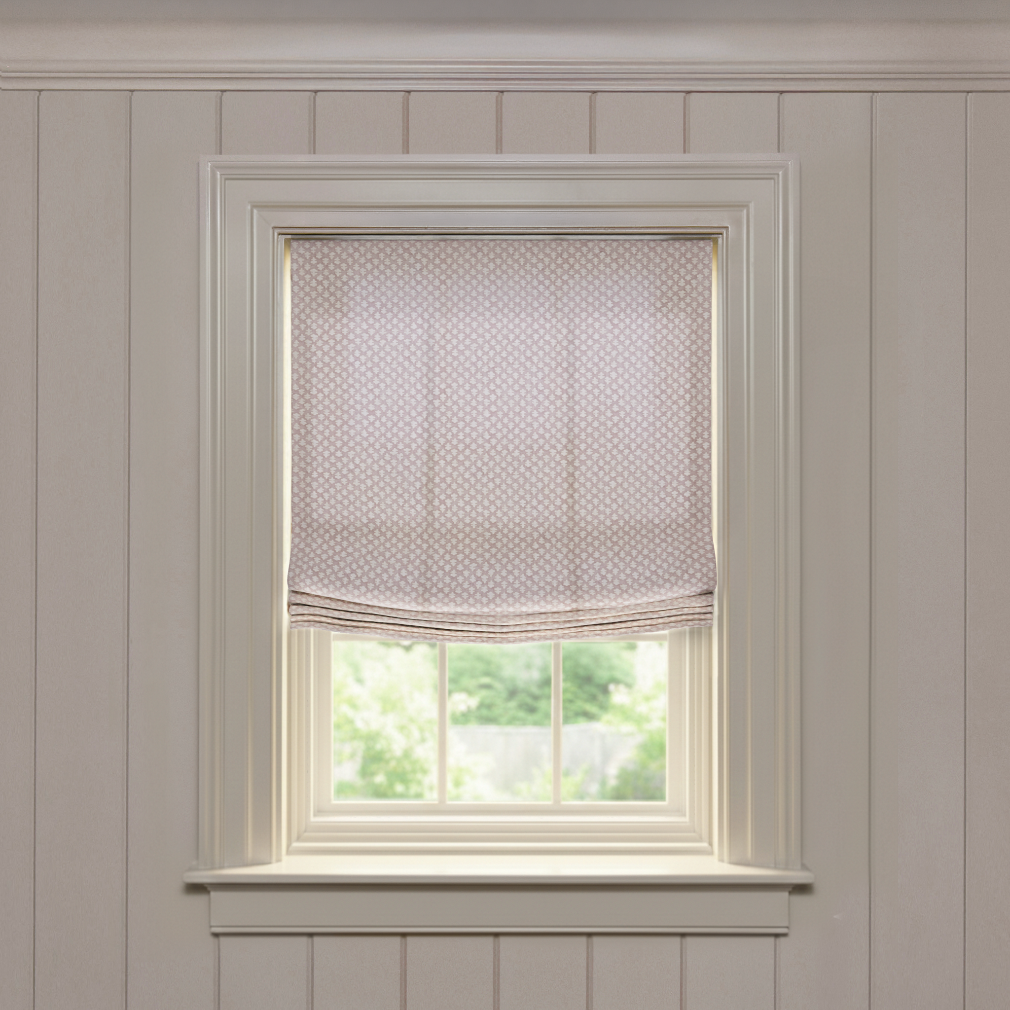 Quinn Mushroom Relaxed roman shade in soft beige with a subtle repeating geometric print, custom made-to-order design