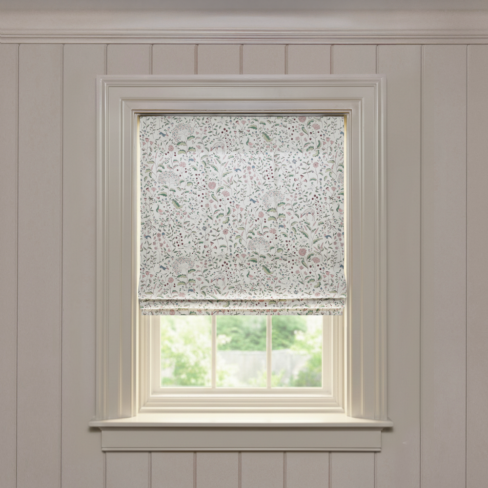 Ruby Burgundy Flat custom Roman shade in soft floral cotton fabric, made-to-order with quality and designer appeal