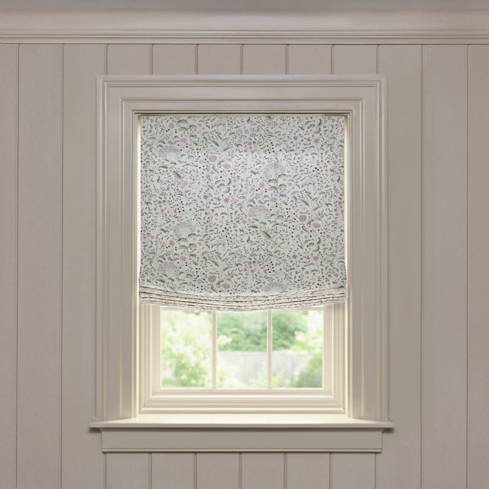 Ruby Burgundy Relaxed custom Roman shade in soft cotton fabric with a delicate floral pattern, made-to-order quality design