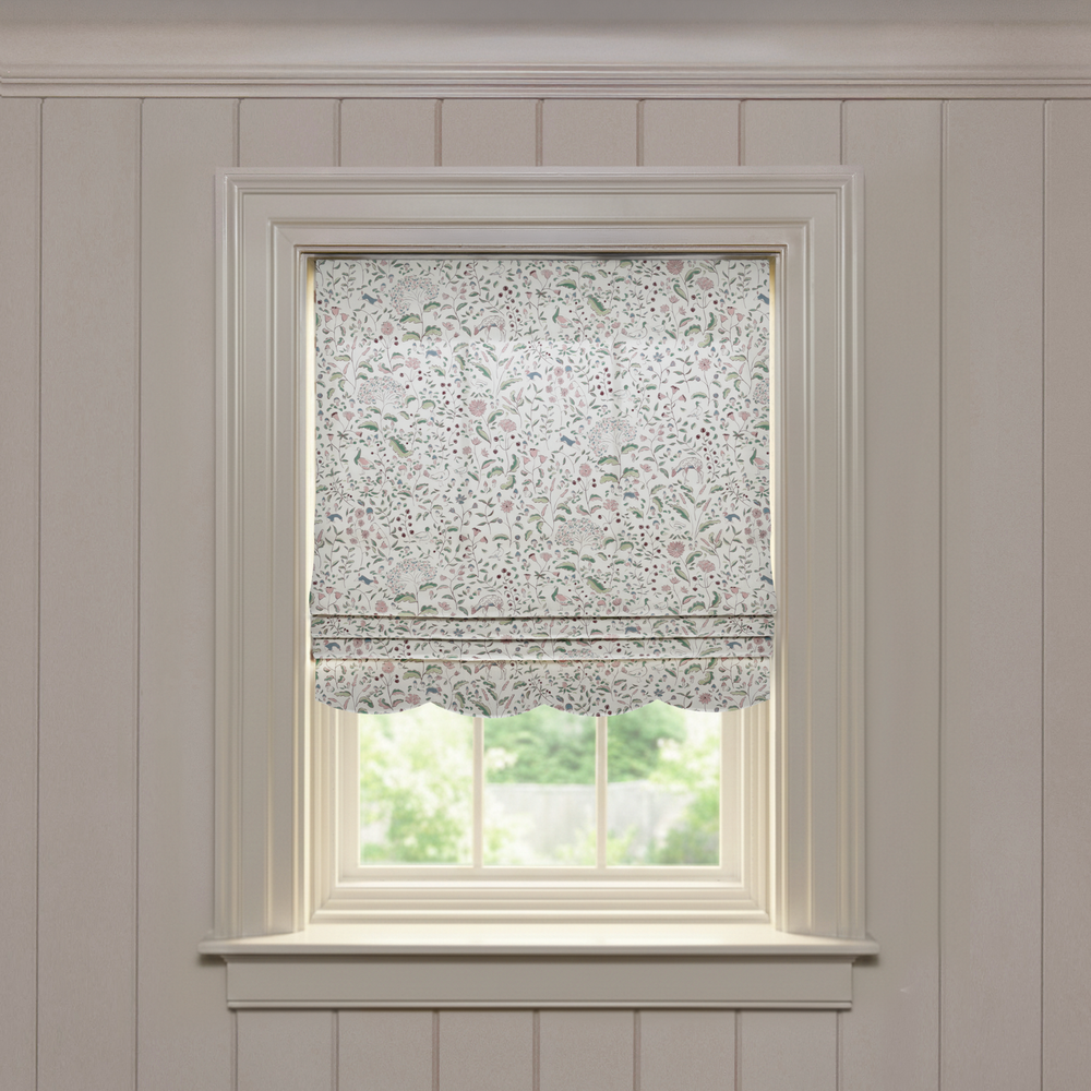 Ruby Burgundy Scalloped custom Roman shade in soft cotton with delicate floral print, quality made-to-order design