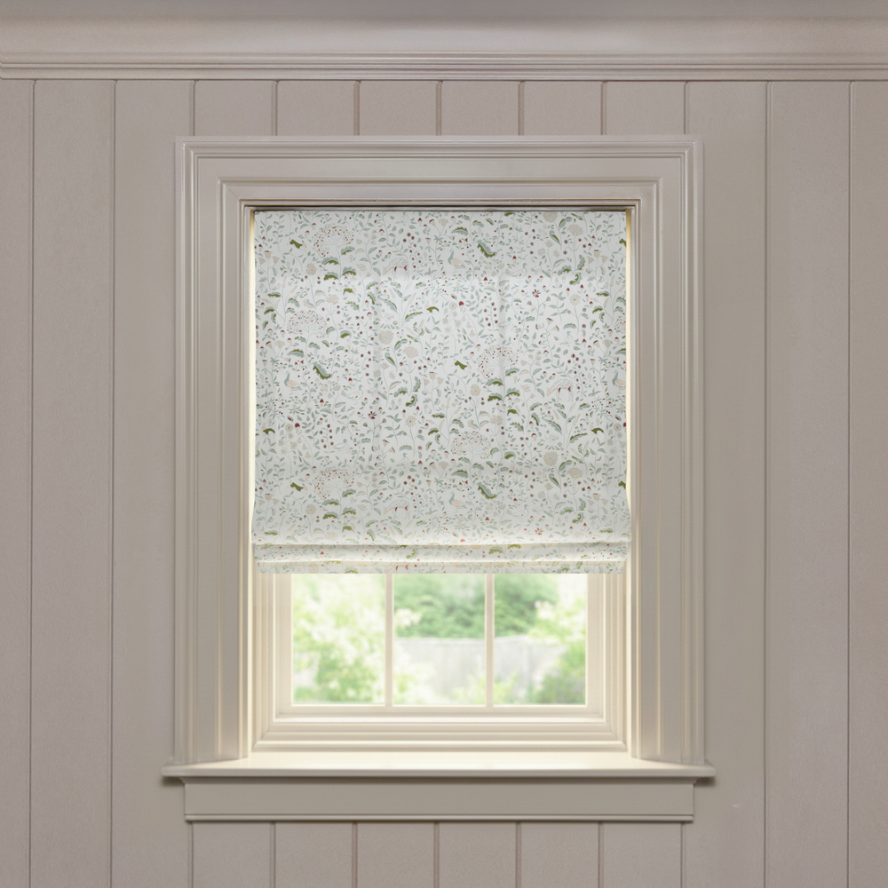 Ruby Moss Flat custom Roman shade in soft cotton with delicate green and red botanical print, quality made-to-order design