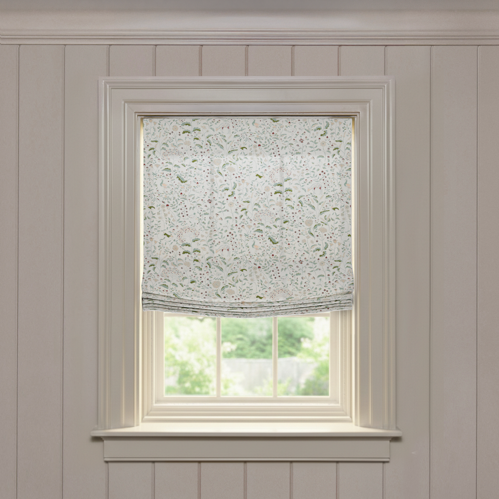 Ruby Moss Relaxed custom Roman shade in soft cotton with green botanical print, made-to-order quality design