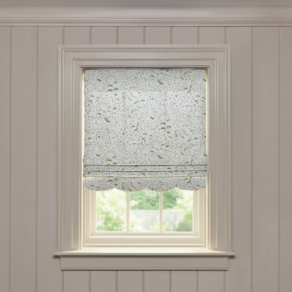 Ruby Moss Scalloped custom Roman shade in soft cotton with delicate botanical print, made-to-order quality design