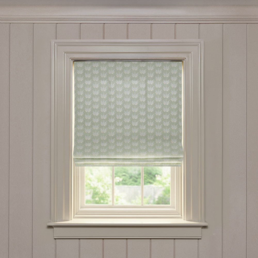 Serena Sea Salt Flat custom Roman shade in soft sea salt cotton with subtle botanical print, made-to-order quality design