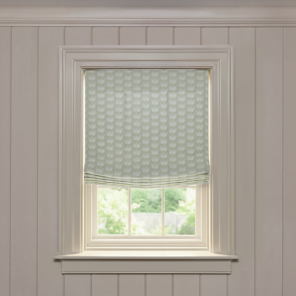 Serena Sea Salt Relaxed custom Roman shade in soft cotton with subtle botanical pattern, quality made-to-order design