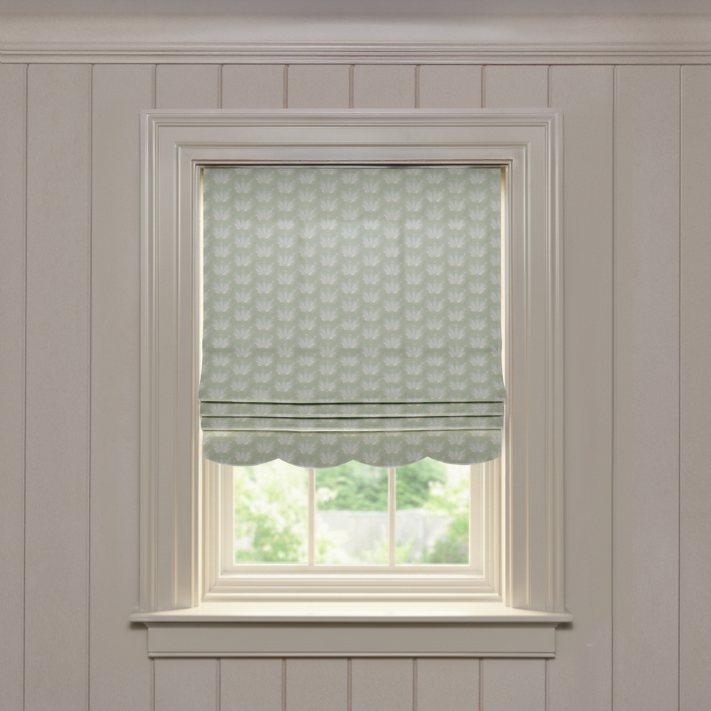Serena Sea Salt Scalloped custom Roman shade in soft cotton with subtle pattern, made-to-order quality design