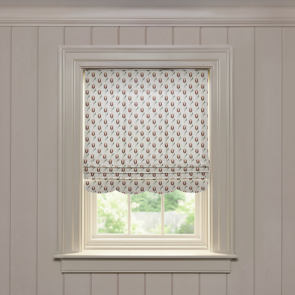 Annabelle Maroon Scalloped custom Roman shade in soft printed linen with maroon pattern, made-to-order quality design