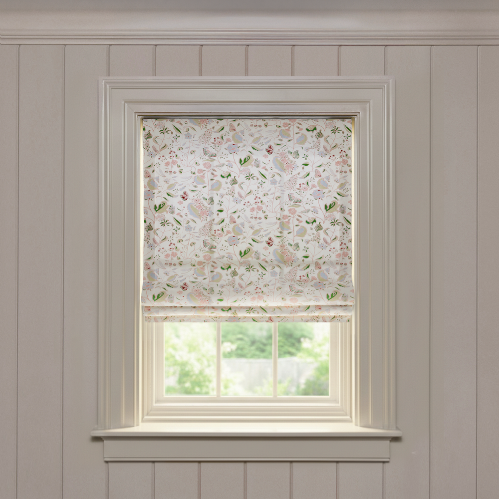 Gemma Rose Flat custom Roman shade in soft printed linen with floral and bird pattern, made-to-order design
