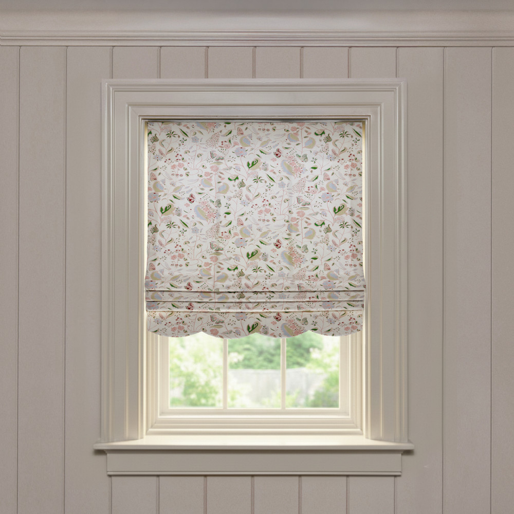 Gemma Rose Scalloped custom Roman shade in soft linen with delicate floral and bird print, made-to-order design