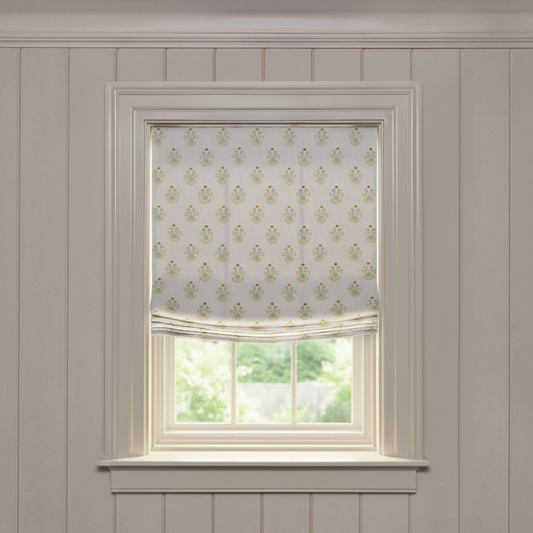 Lucie Chamomile made-to-order roman shade in soft printed fabric, quick delivery, crafted in the USA quality