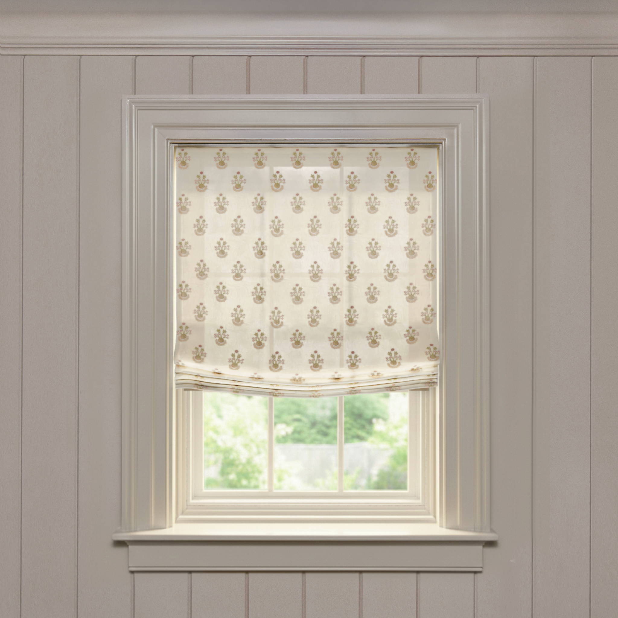 Lucie Clay Relaxed custom roman shade in soft printed sheer fabric, made-to-order, short lead times, crafted in the USA quality