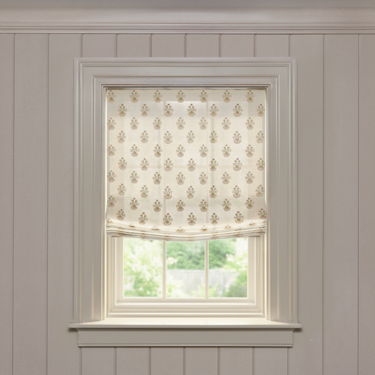 Lucie Clay Relaxed custom roman shade in soft printed sheer fabric, made-to-order, short lead times, crafted in the USA quality