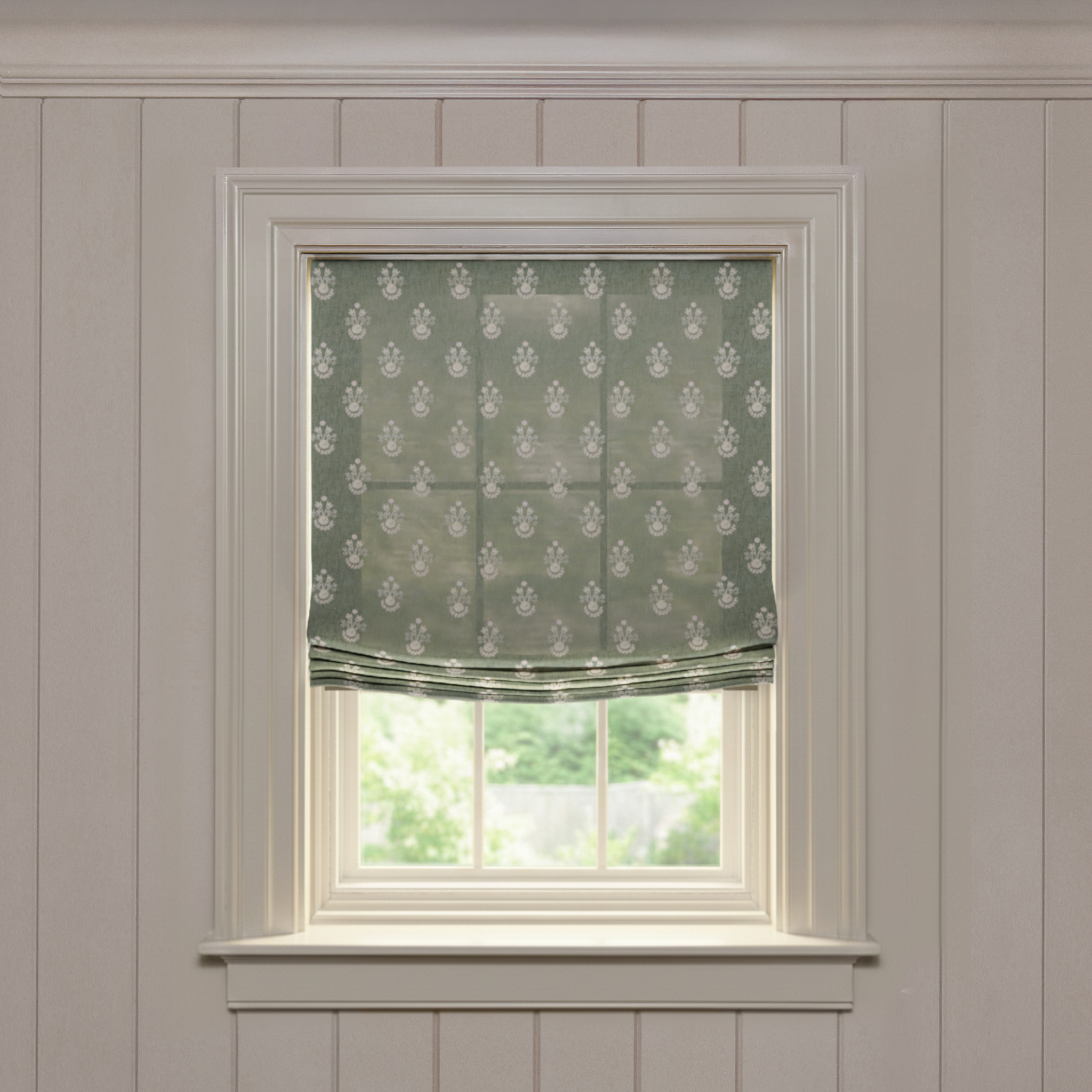 Lucie Olive Relaxed made-to-order roman shade in soft printed sheer fabric, fast turnaround, crafted in the USA quality