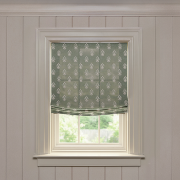 Lucie Olive Relaxed made-to-order roman shade in soft printed sheer fabric, fast turnaround, crafted in the USA quality