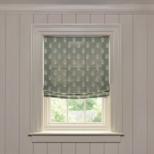 Lucie Olive Relaxed made-to-order roman shade in soft printed sheer fabric, fast turnaround, crafted in the USA quality