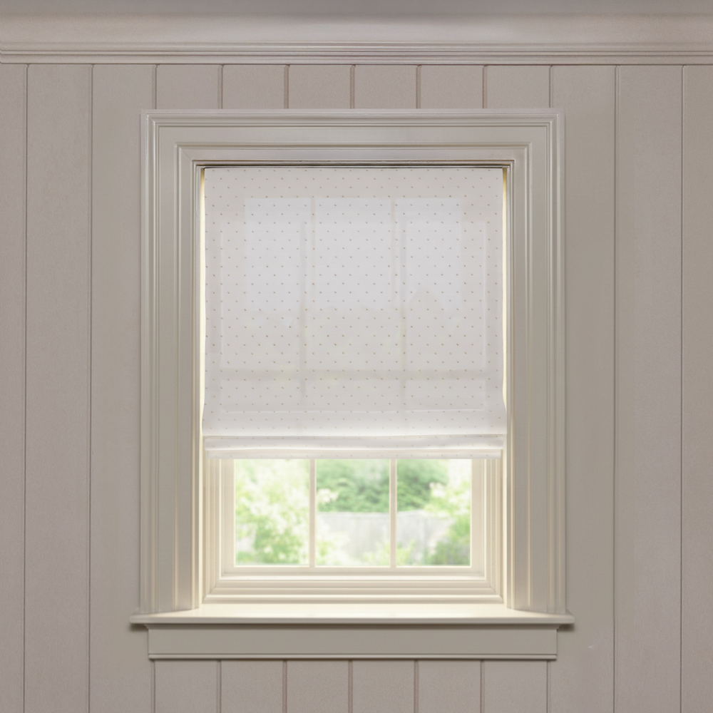 Eloise Flour Flat made-to-order Roman shade in soft sheer fabric with subtle dotted texture, customizable design