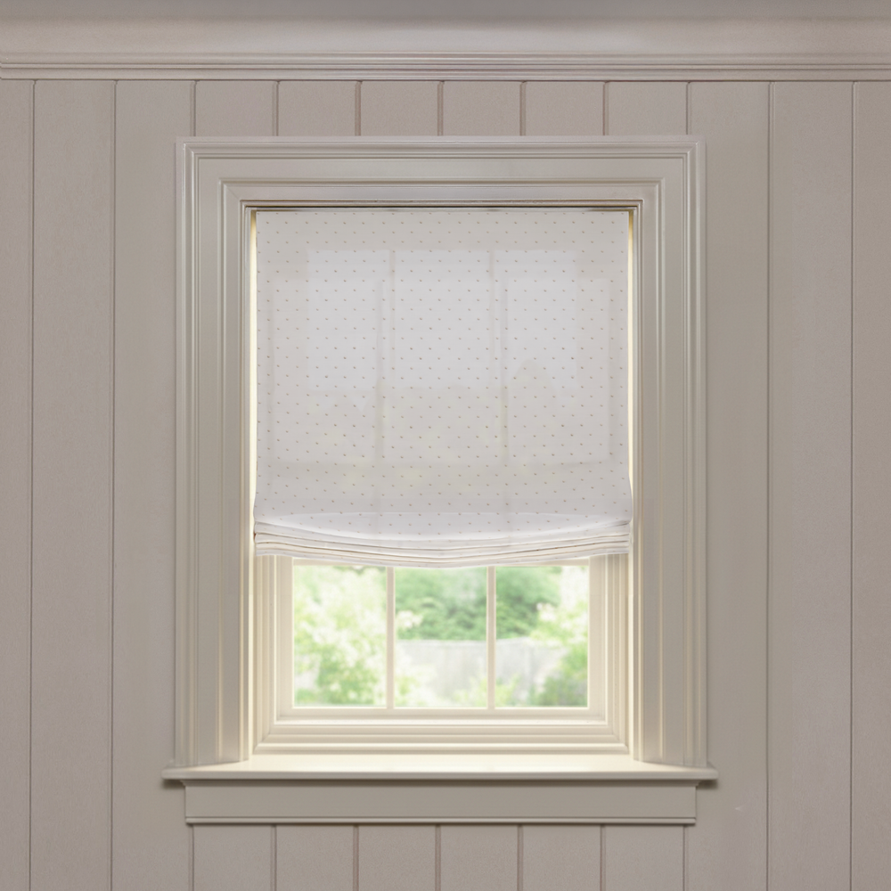 Eloise Flour Relaxed made-to-order Roman shade in soft sheer fabric with subtle dotted pattern, customizable design
