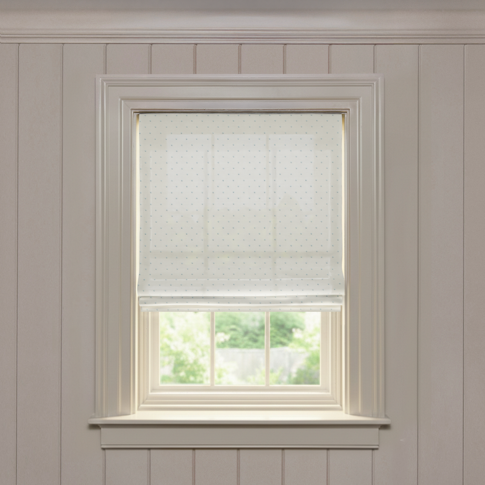 Eloise Sky Flat customizable Roman shade in soft sheer fabric with delicate dot pattern, made-to-order window treatment