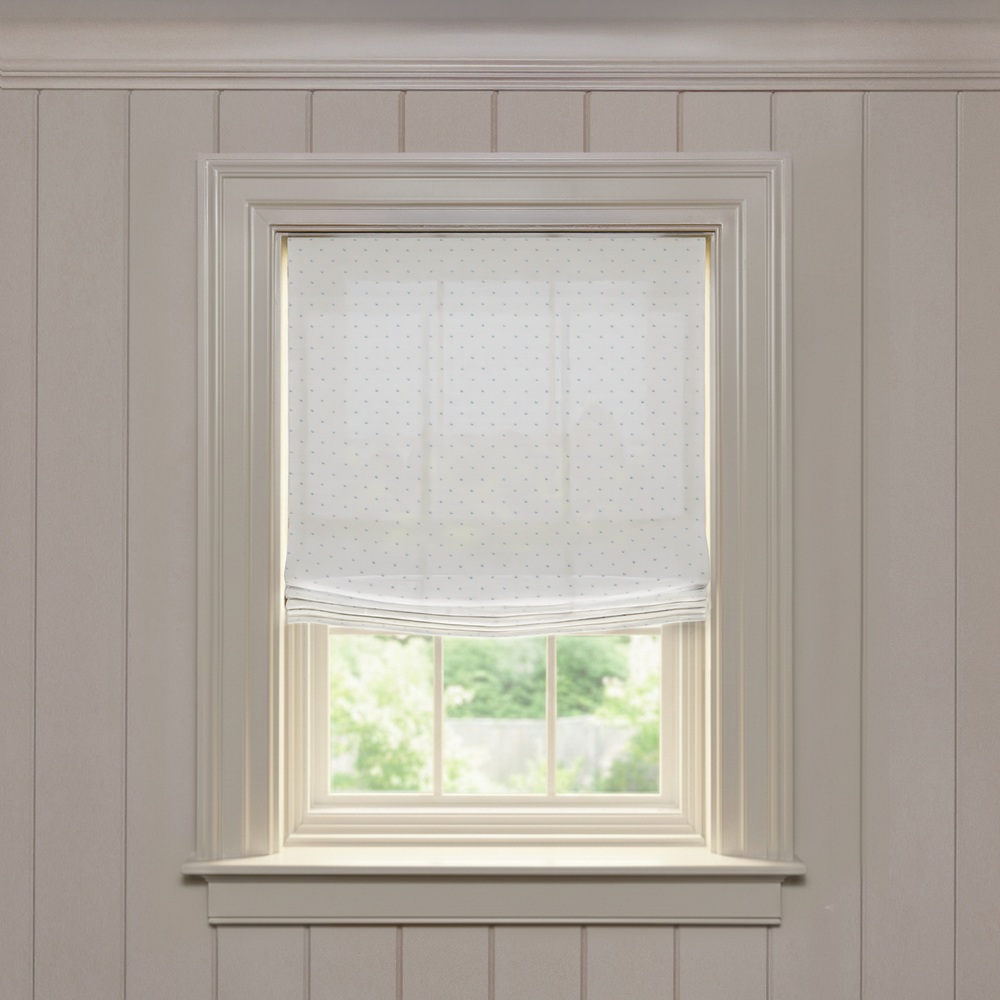 Eloise Sky Relaxed made-to-order Roman shade in soft sheer fabric with subtle dot pattern, customizable design