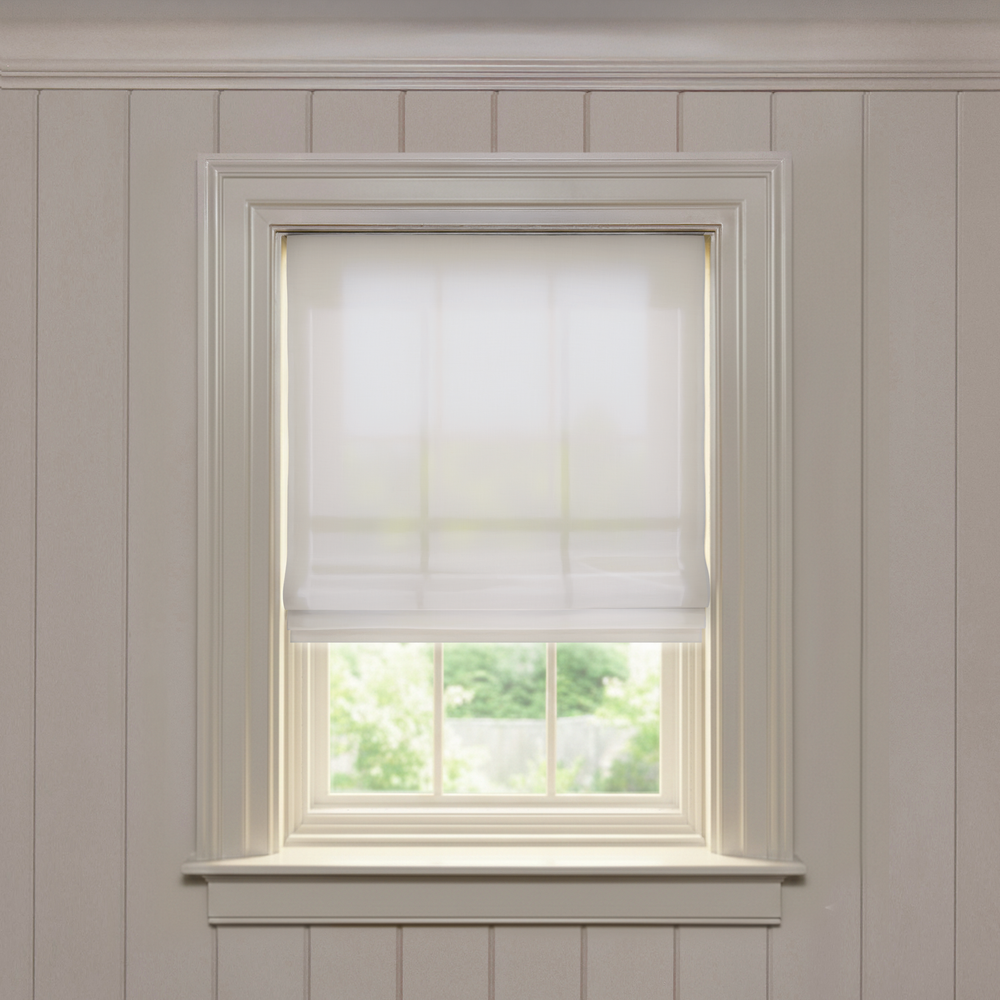 Other Fabric - Embroidered Sheer custom made-to-order Roman shade in soft translucent fabric enhancing natural light and style
