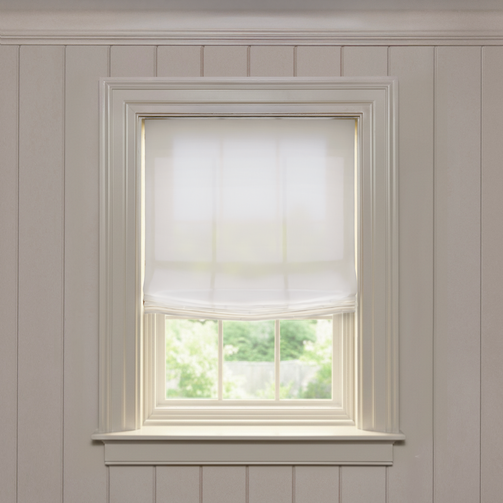 Flour Sheer Relaxed translucent custom Roman shade in soft fabric offering a light, airy window treatment solution