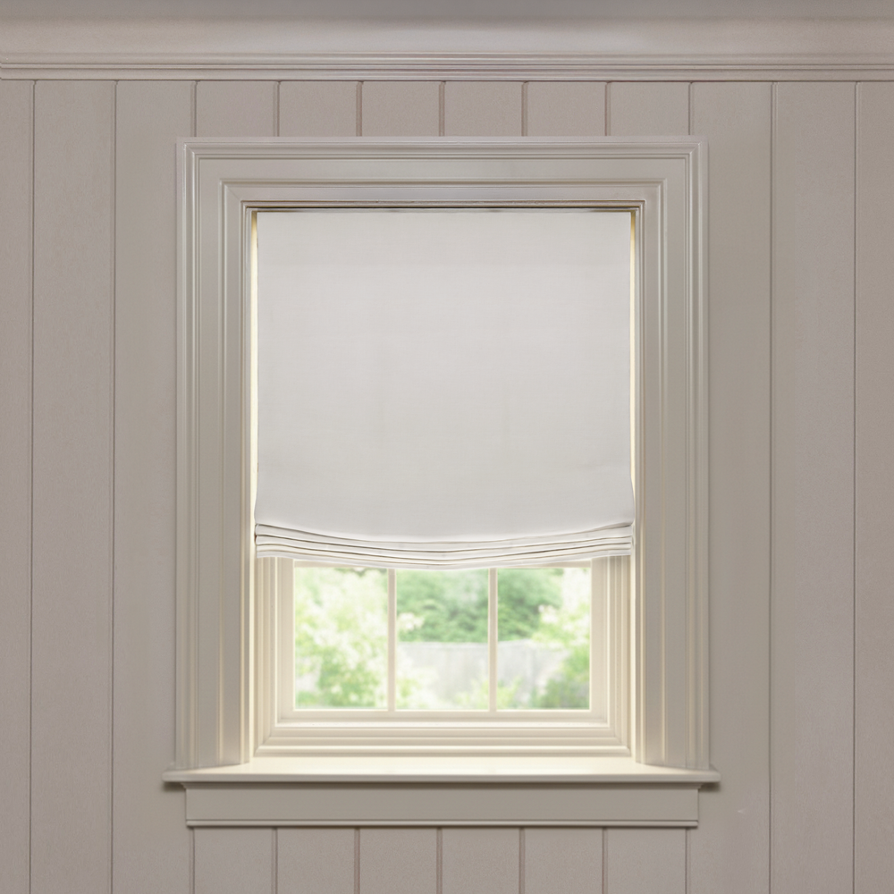 Flour Relaxed custom Roman shade in soft linen fabric, tailored made-to-order design with a light neutral tone